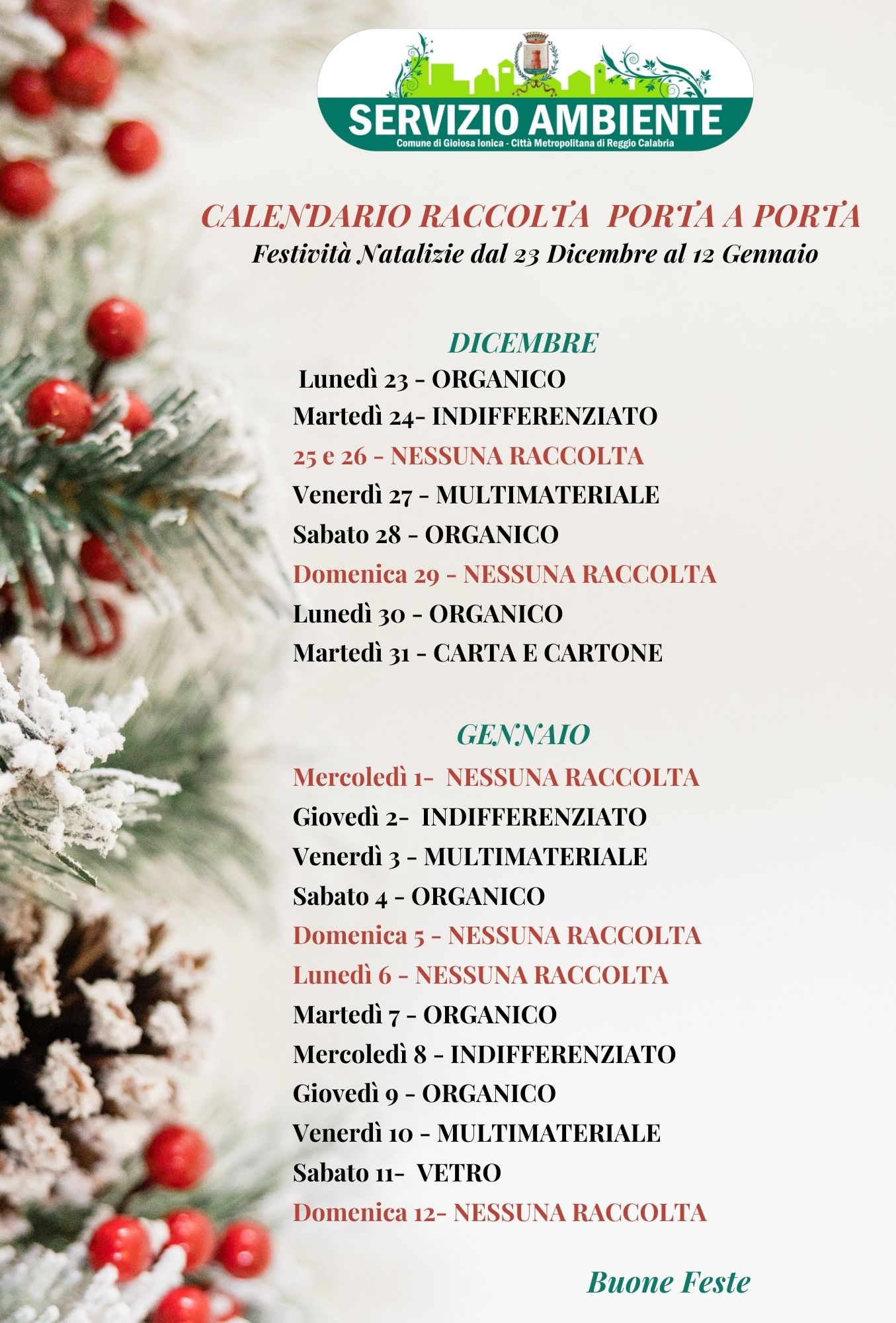 CALENDARIO RACCOLTA DIFFERENZIATA PORTA PORTA FESTIVITA' NATALIZIE